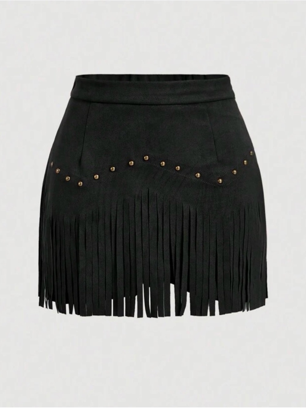 Black Fringe Mini Skirt with Stud Detail